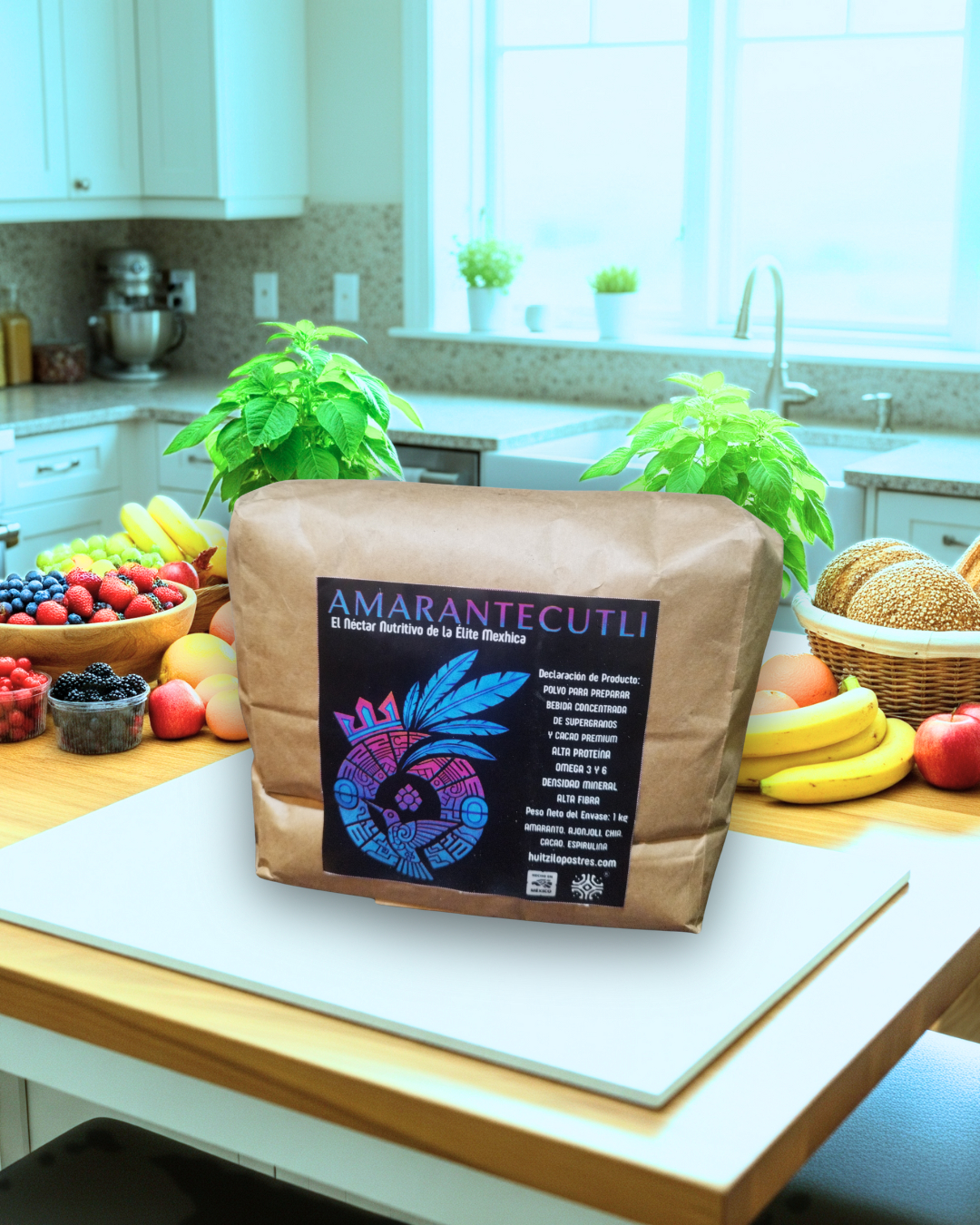 Amarantecutli en cocina moderna con frutas frescas